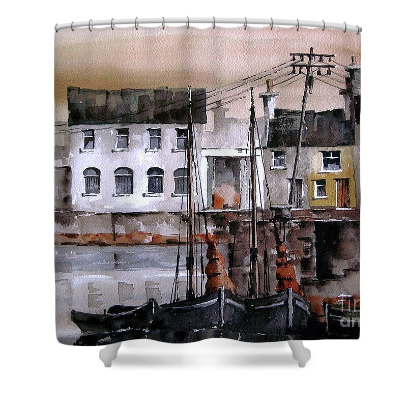 Wild Atlantic Way Galway Shower Curtain featuring the painting Along the Cladagh Galway by Val Byrne