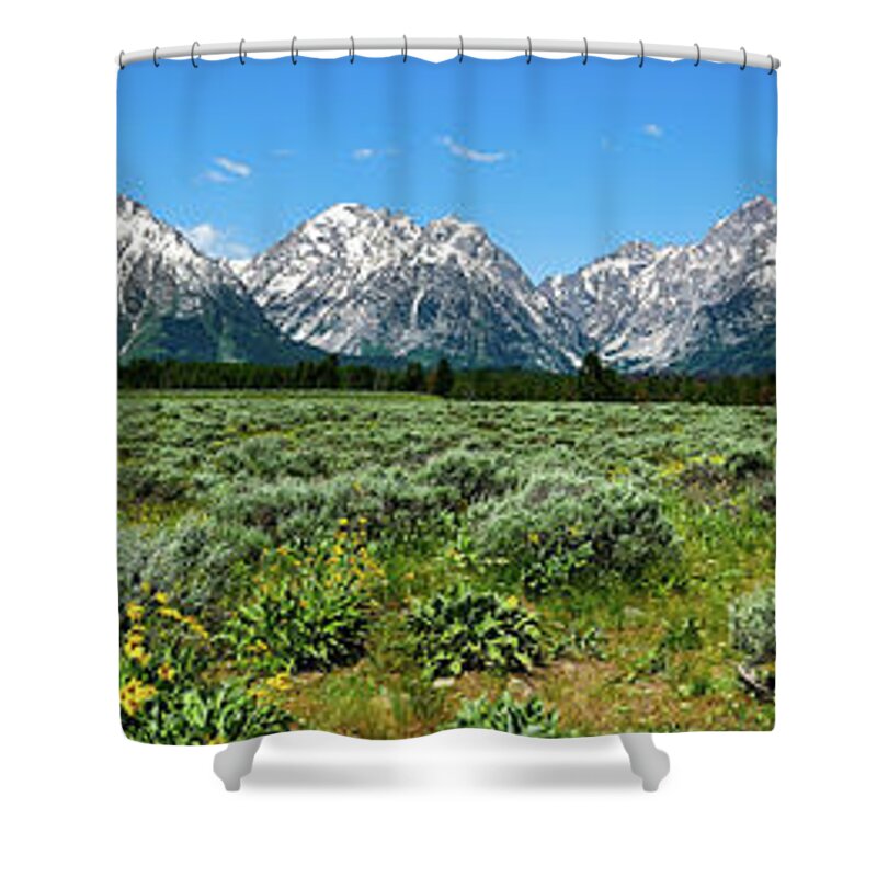 Tetons Shower Curtain featuring the photograph Alpine Meadow Teton Panorama II by Greg Norrell