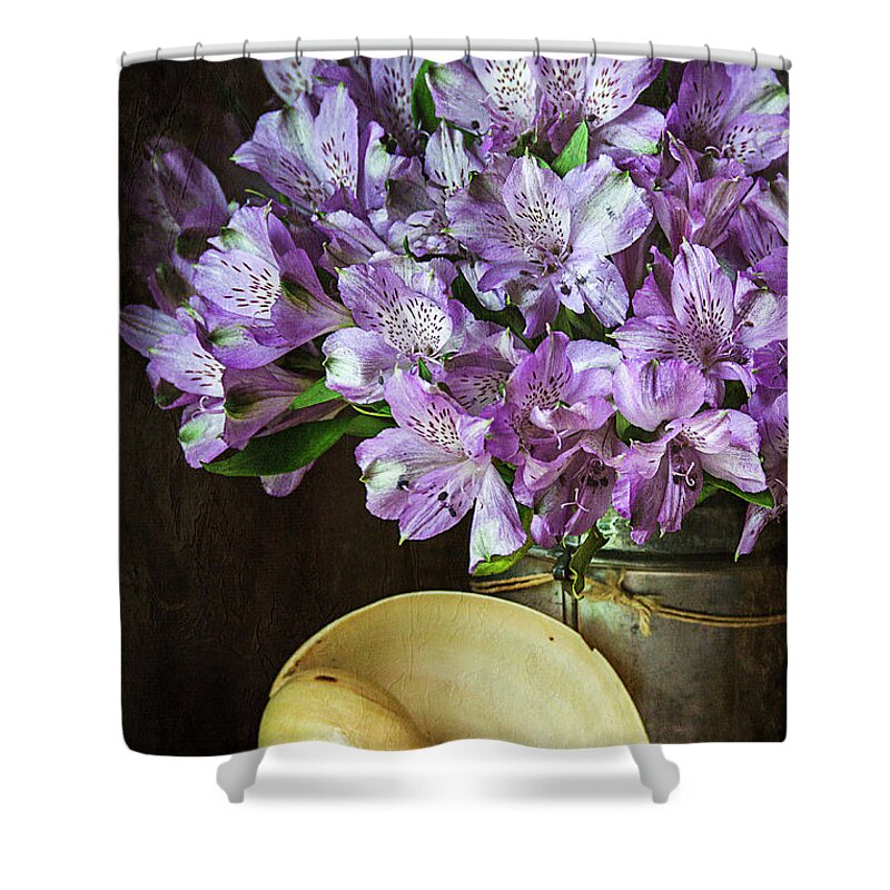 Alstroemeria Shower Curtain featuring the photograph Alstroemeria with Seashell by Cindi Ressler