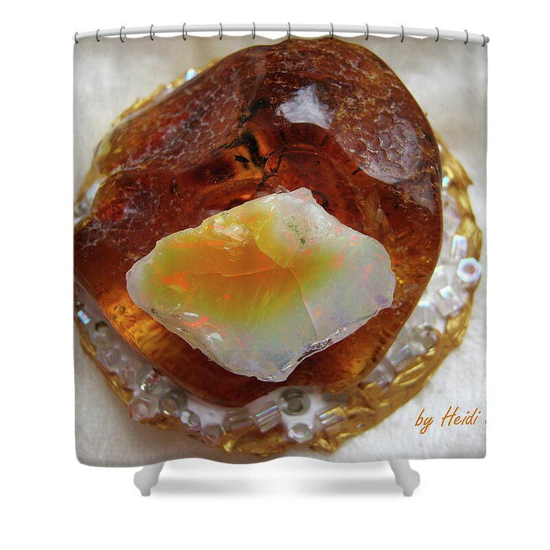 Amber And Ethiopian Opal Shower Curtain featuring the jewelry Amber and ethiopian opal by Heidi Sieber