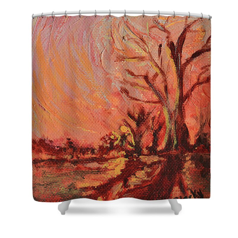 Abstract Landscape Shower Curtain featuring the painting Amber Skies by Donna Blackhall