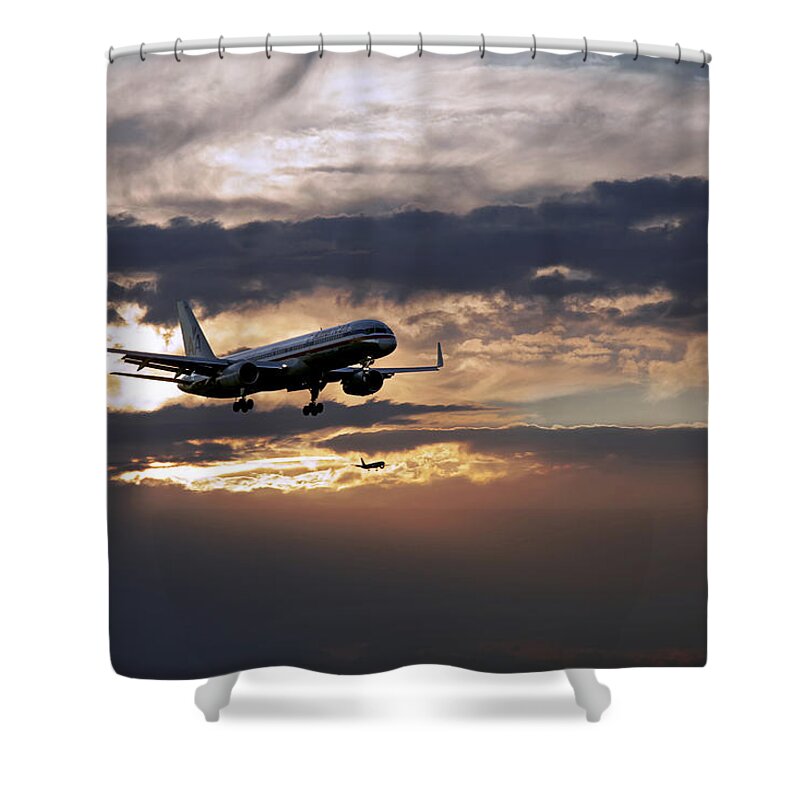 Aa Aircraft Landing Shower Curtain featuring the photograph American aircraft landing at the twilight. Miami. FL. USA by Juan Carlos Ferro Duque