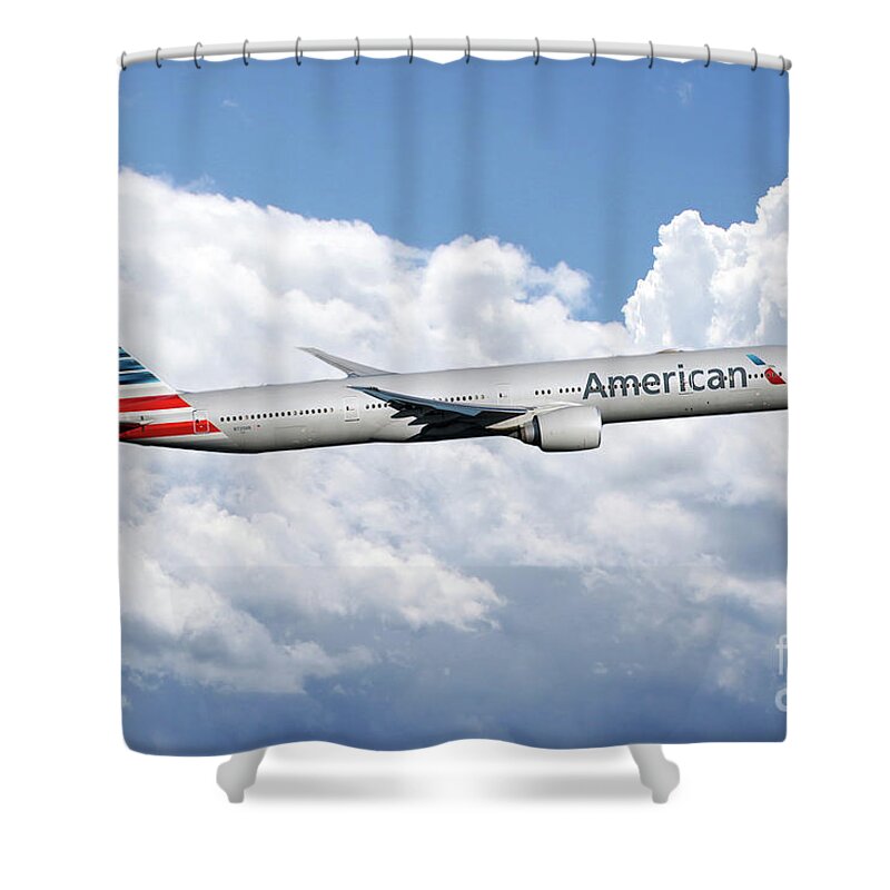 American Shower Curtain featuring the digital art American AIrlines Boeing 777 by Airpower Art