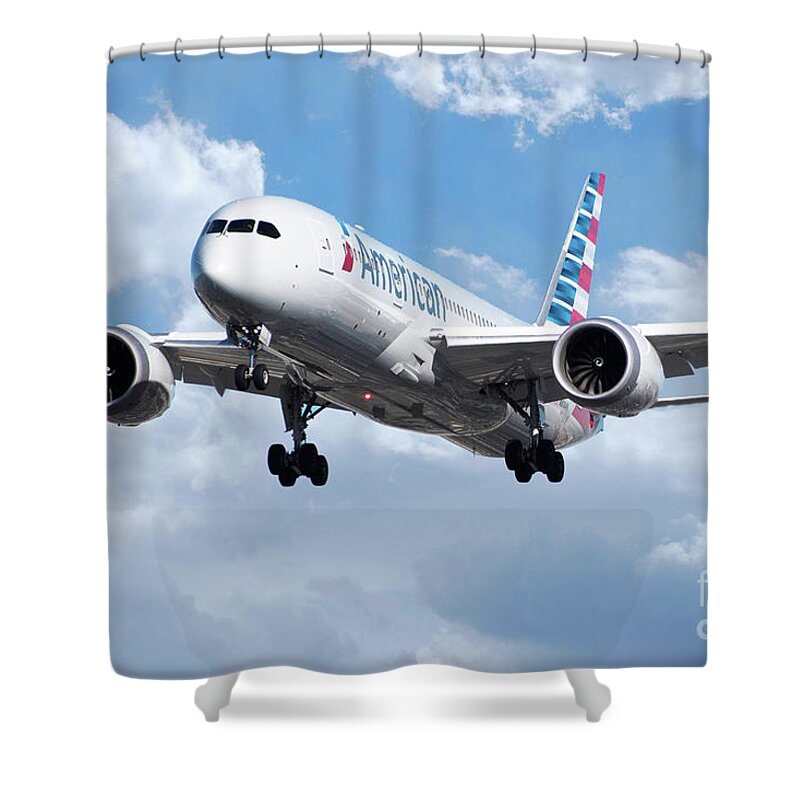 Boeing Shower Curtain featuring the digital art American Airlines Boeing 787 Dreamliner by Airpower Art