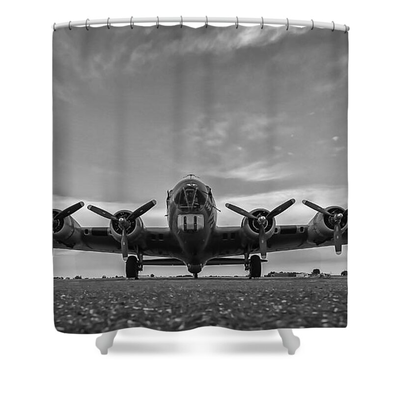 Terry Deluco Shower Curtain featuring the photograph American B -17 Flying Fortress Black and White by Terry DeLuco