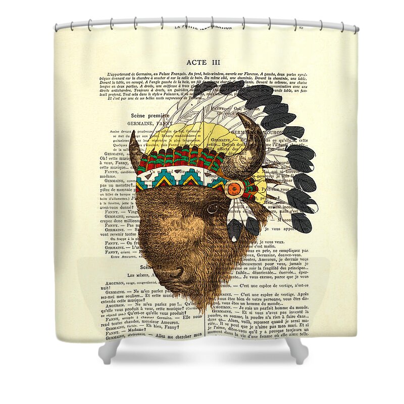 Dictionary Art Shower Curtain featuring the digital art American Bison - Buffalo With Indian Headdress by Madame Memento