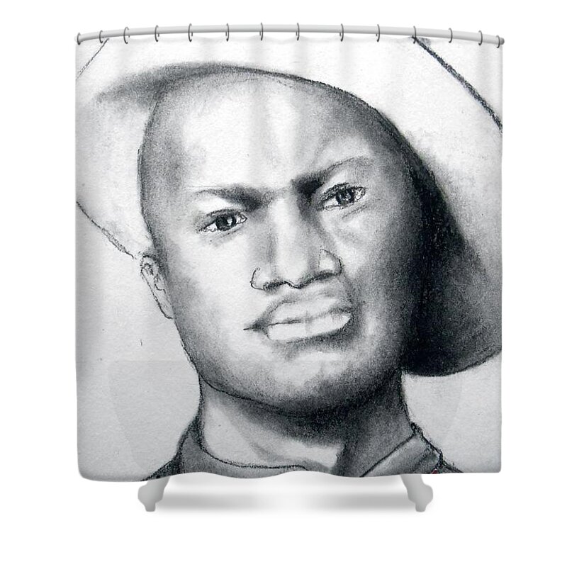 Black Cowboy Shower Curtain featuring the drawing American Cowboy by Jayne Somogy