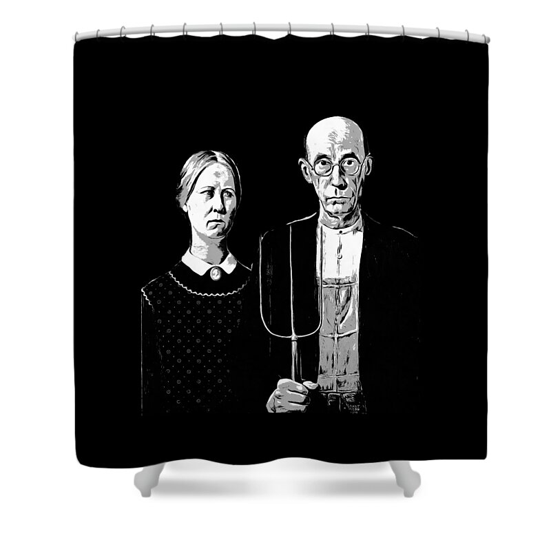 Tee Shower Curtain featuring the digital art American Gothic Graphic Grant Wood Black White tee by Edward Fielding