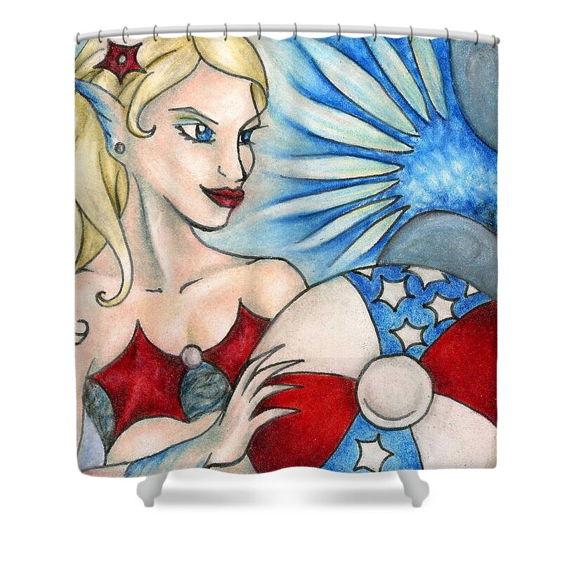 American Mermaid Shower Curtain featuring the drawing American Mermaid by Kristin Aquariann