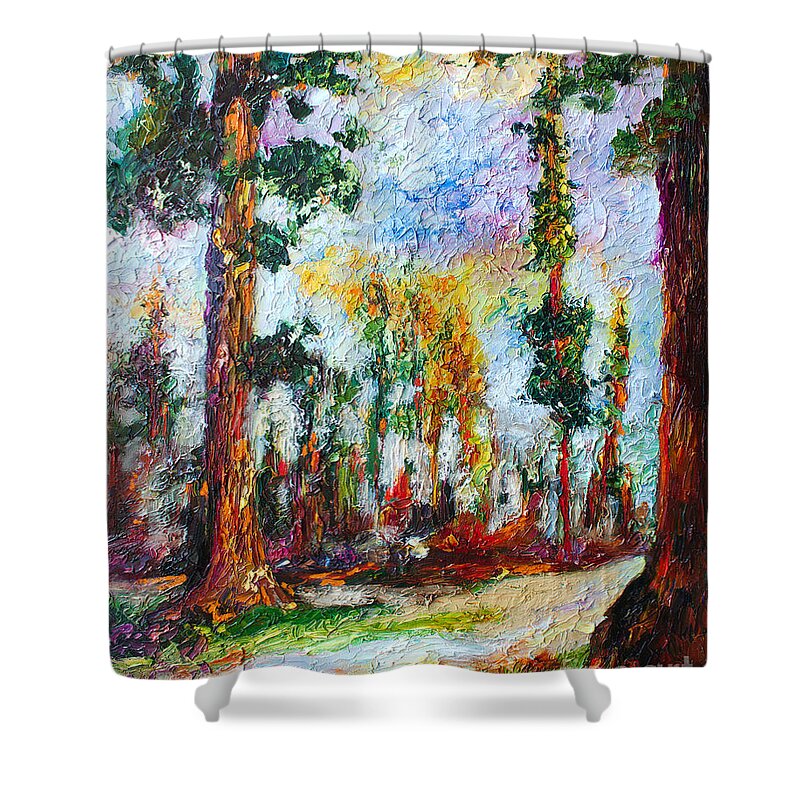 Impressionism Shower Curtain featuring the painting American National Parks Redwood Trees by Ginette Callaway
