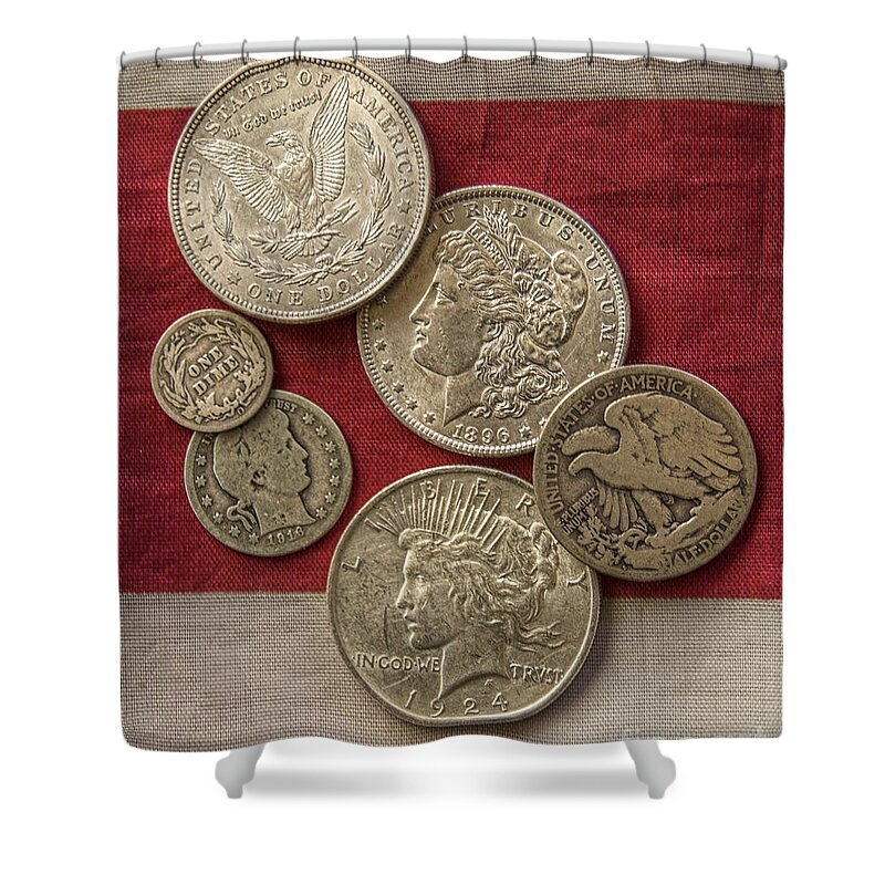 Silver Coin Shower Curtain featuring the photograph American Silver Coins by Randy Steele