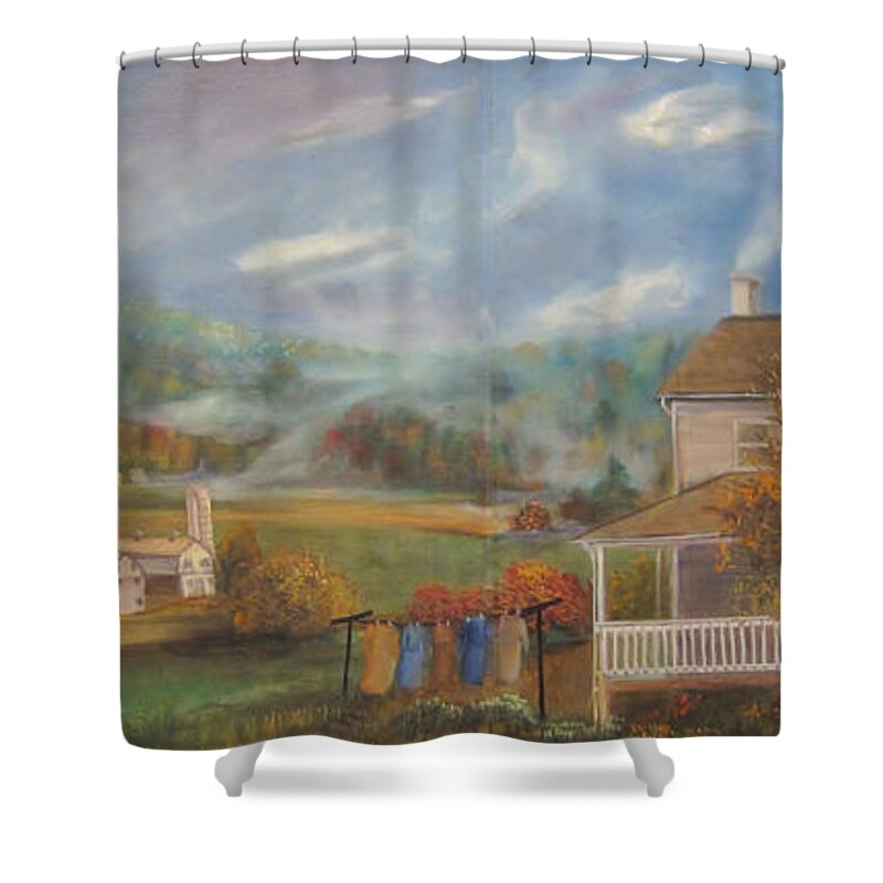 Landscape Shower Curtain featuring the painting Amish Farm by Sherry Strong