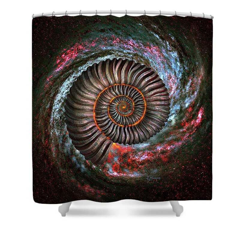 Ammonite Shower Curtain featuring the digital art Ammonite Galaxy by Jerry LoFaro