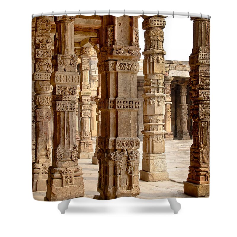 Pillars Shower Curtain featuring the photograph Among pillars at Qutb Minar. by Elena Perelman