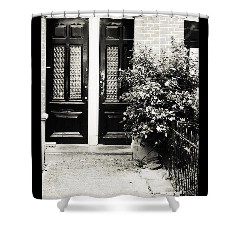 Jenny Rainbow Fine Art Photography Shower Curtain featuring the photograph Amsterdam Posters. Bloom at Entrance Door by Jenny Rainbow