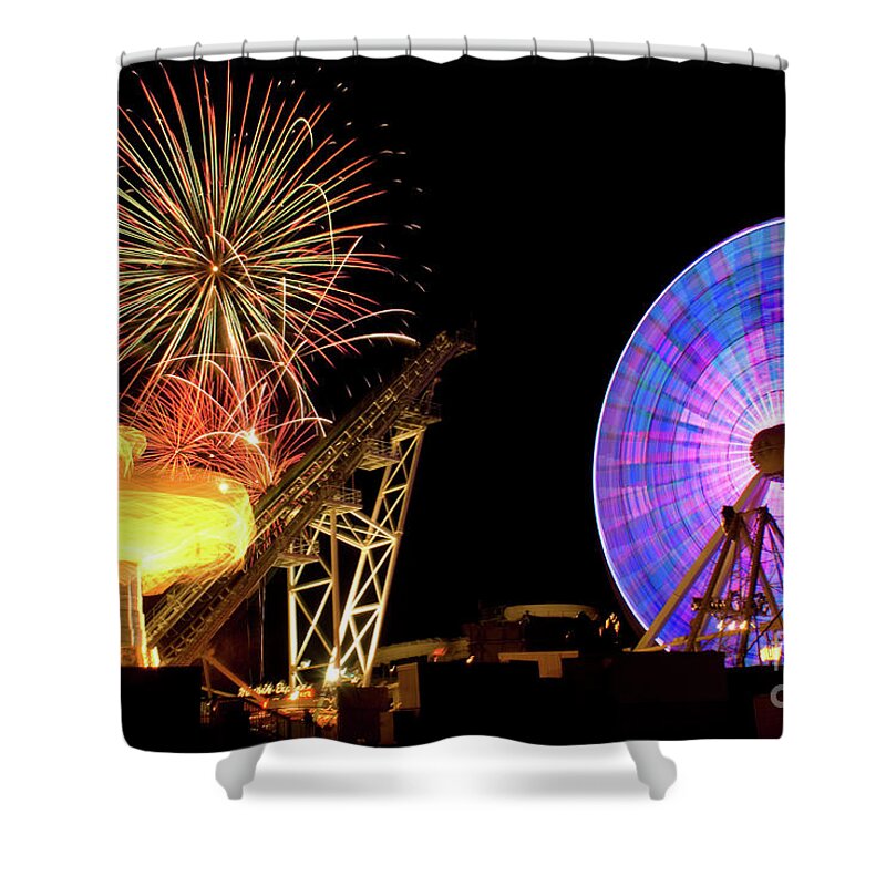Collage Shower Curtain featuring the photograph Amusemant Pier in Wildwood New Jersey with Colorful Firework Explosions by Anthony Totah