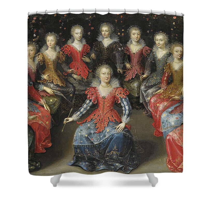 Attributed To Claude Deruet Shower Curtain featuring the painting An Allegory of Love? Twelve Noblewomen seated in a Garden, each holding an Arrow by Attributed to Claude Deruet