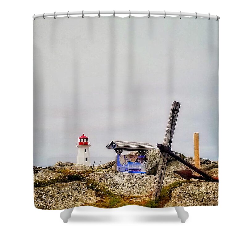 Nautical Shower Curtain featuring the photograph An Anchor and a Lighthouse by Mary Capriole