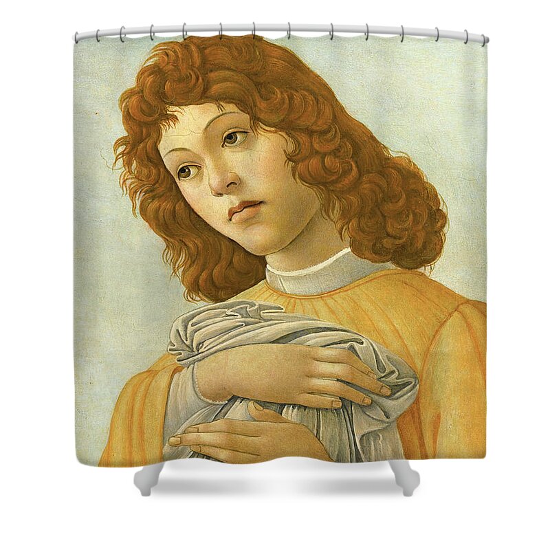 Sandro Botticelli Shower Curtain featuring the painting An Angel Head and Shoulders by Sandro Botticelli