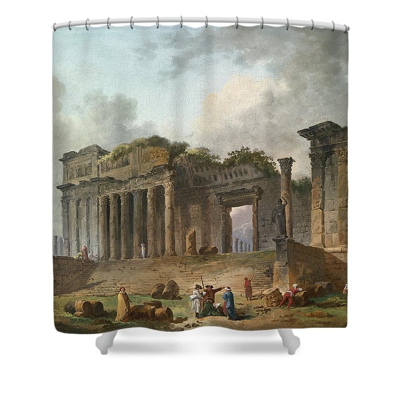 Hubert Robert Shower Curtain featuring the painting An Architectural Capriccio with an Artist Sketching in the Foreground by Hubert Robert