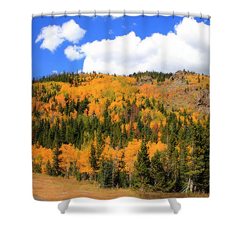 Autumn Shower Curtain featuring the photograph An Autumn Drive - Panorama by Shane Bechler