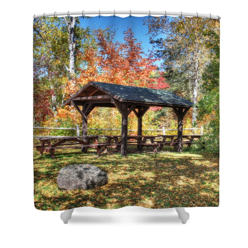 Picnic Table Shower Curtain featuring the photograph An Autumn Picnic in Maine by Shelley Neff