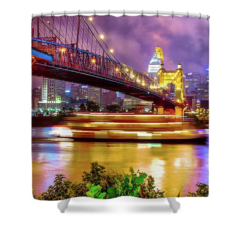 Cincinnati Skyline Shower Curtain featuring the photograph An Evening on the Ohio River - Cincinnati Ohio by Gregory Ballos