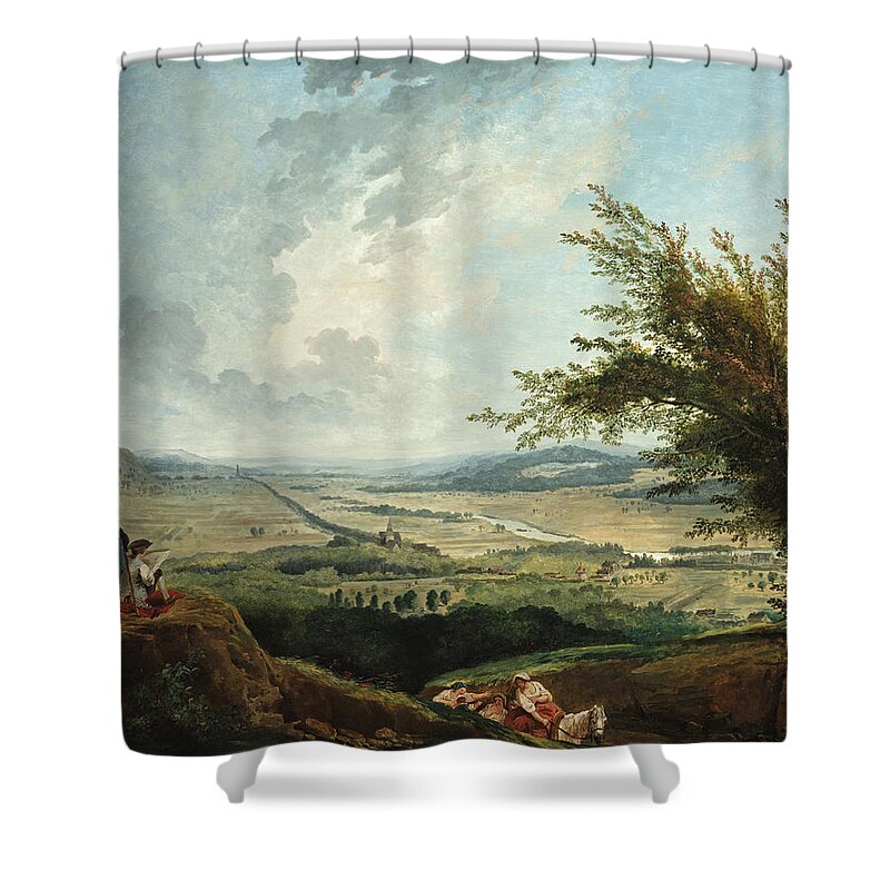 Hubert Robert Shower Curtain featuring the painting An Extensive Landscape near Paris by Hubert Robert