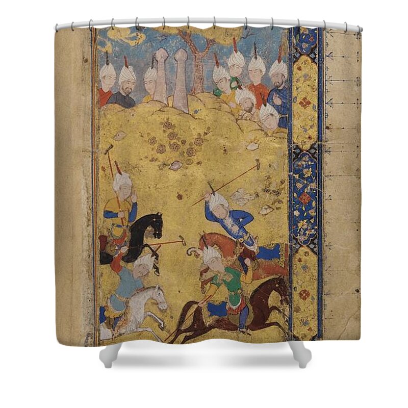 An Illustrated And Illuminated Persian Manuscript Guy U Chaugan Or Halnama (the Ball And The Polo-mallet) Of 'arifi (d. 1449 Ad) Shower Curtain featuring the painting An Illustrated And Illuminated by Eastern Accents