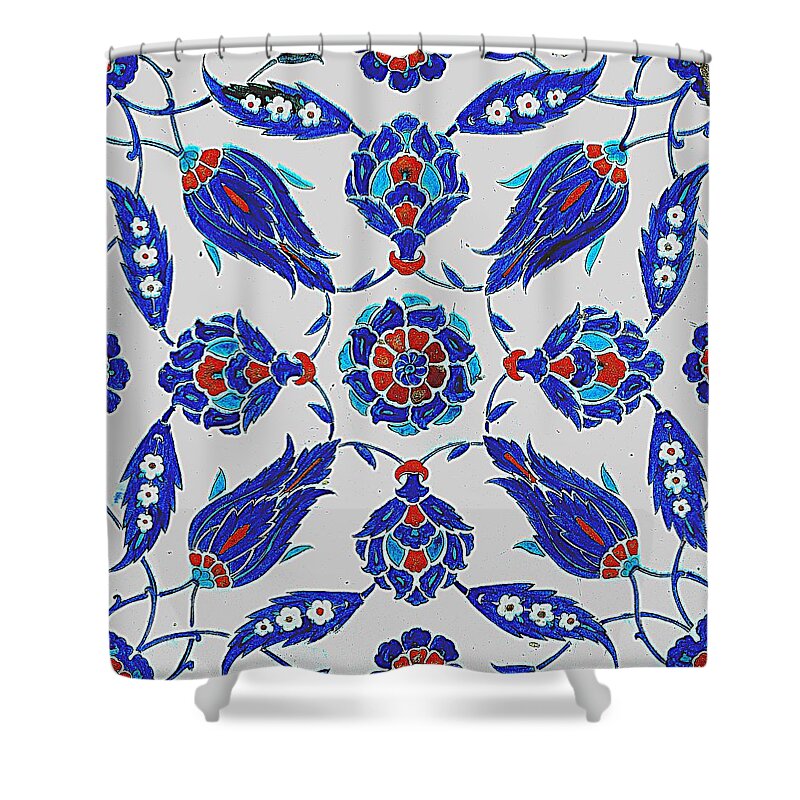 Turkish Shower Curtain featuring the painting An Iznik polychrome tile, Turkey, circa 1575, by Adam Asar, No 24s by Celestial Images