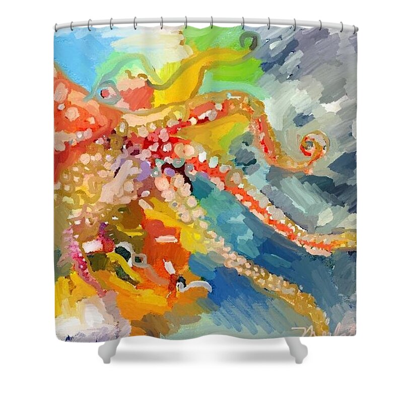 Octopus Shower Curtain featuring the painting An Octopus Lunch inspired this painting of an Octopus by Melissa Abbott
