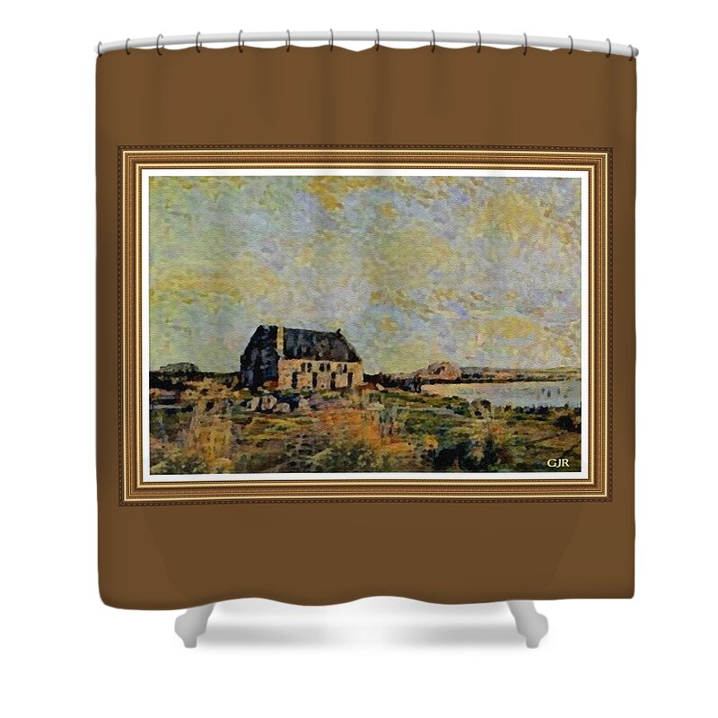 Amsterdam Shower Curtain featuring the digital art An Old Scottish Cottage Overlooking A Loch L A S With Decorative Ornate Printed Frame. by Gert J Rheeders