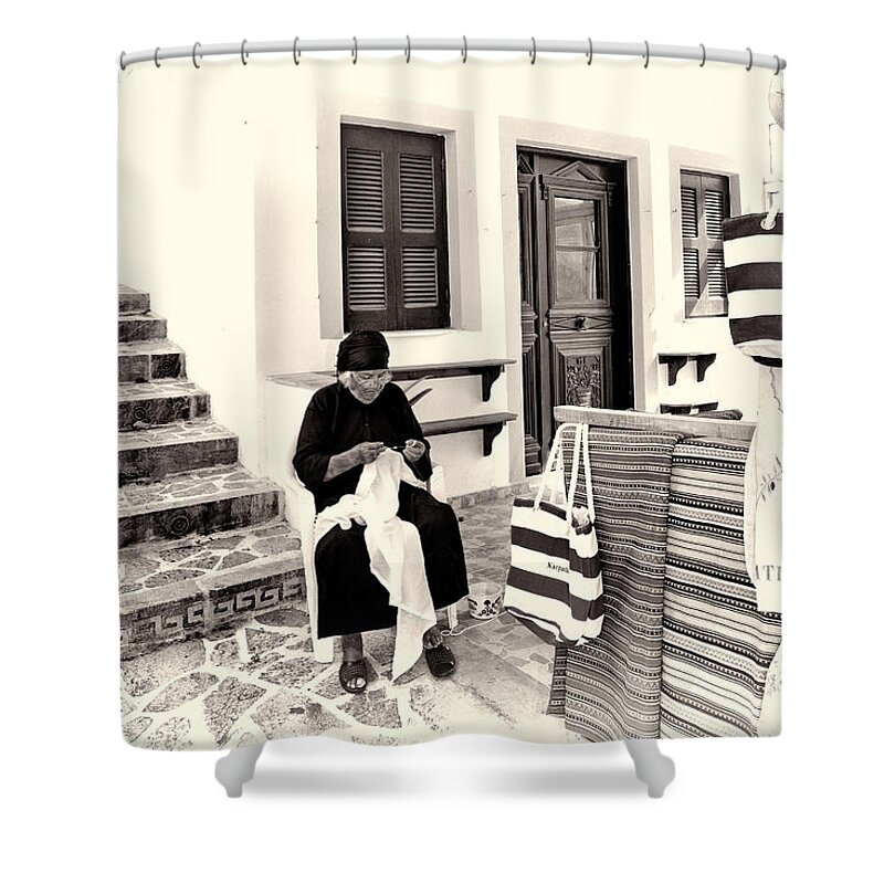 Old Shower Curtain featuring the photograph An old woman knit in Karpathos - Greece by Constantinos Iliopoulos