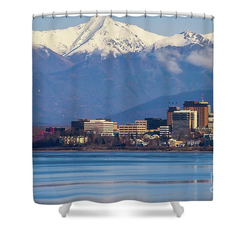 Alaska Shower Curtain featuring the photograph Anchorage Alaska Skyline with Cook Inlet by Kimberly Blom-Roemer