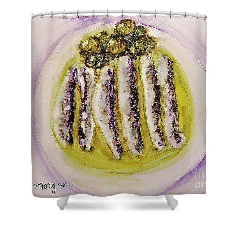 Anchovy Shower Curtain featuring the painting Anchovies and Olives by Laurie Morgan