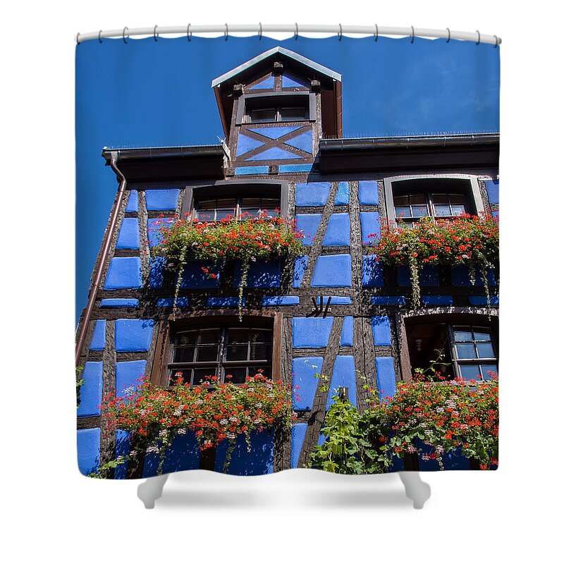 Alsace Shower Curtain featuring the photograph Ancient Alsace Auberge in Blue by Gary Karlsen