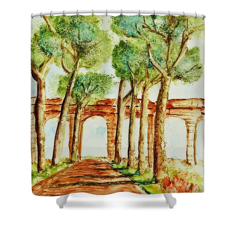 Rome Shower Curtain featuring the painting Ancient Roman Aqueduct by Laurie Morgan