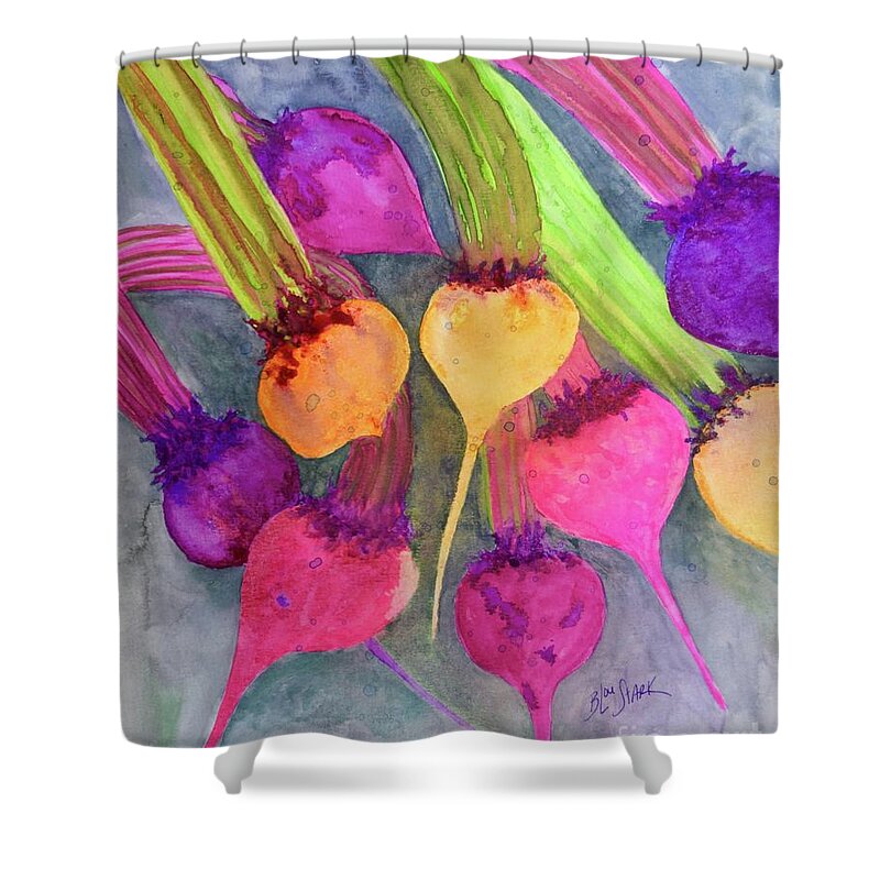  Shower Curtain featuring the painting And The Beet Goes On by Barrie Stark