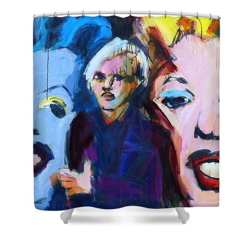 Andy Warhol Shower Curtain featuring the painting Andy's Monsters by Les Leffingwell