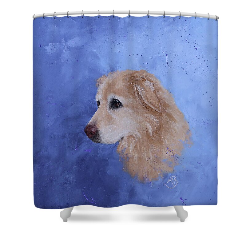 Dog Art Shower Curtain featuring the painting Angel, a Golden Retriever by Monica Burnette
