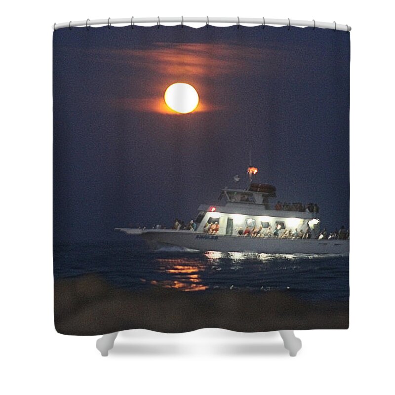 Boat Shower Curtain featuring the photograph Angler Cruises Under Full Moon by Robert Banach