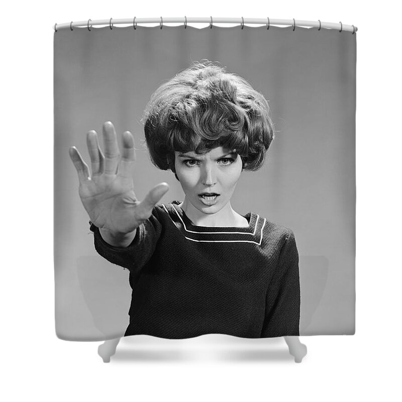 1960s Shower Curtain featuring the photograph Angry Woman With Hand Held Out, C.1960s by H. Armstrong Roberts/ClassicStock