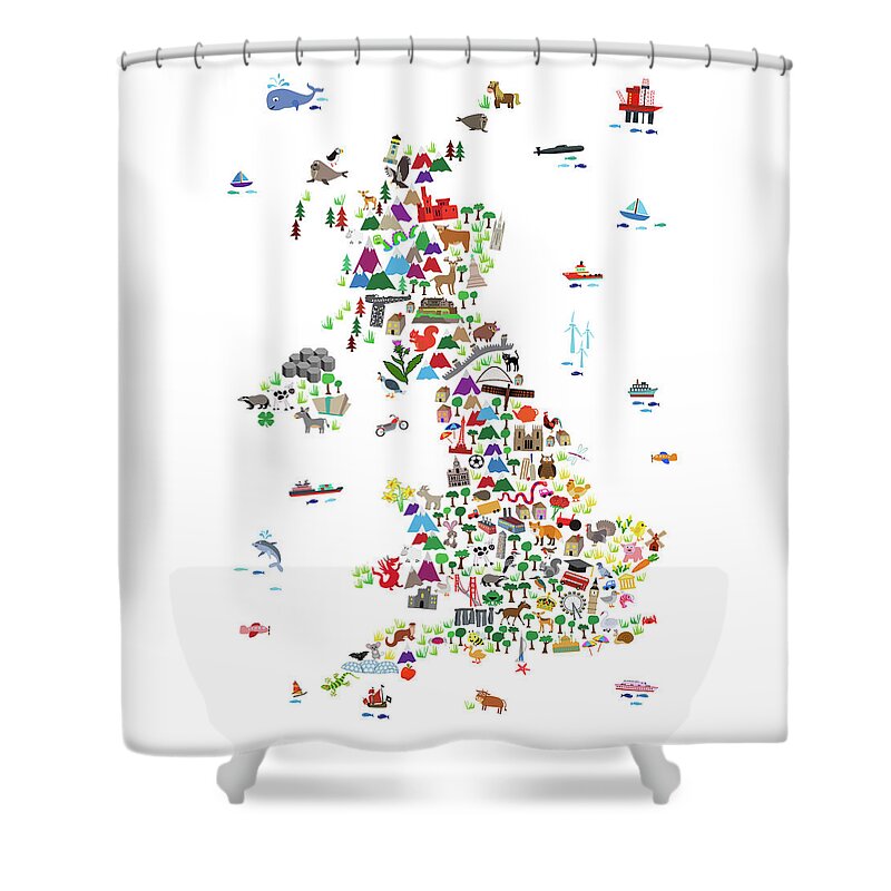 Great Britain Map Shower Curtain featuring the digital art Animal Map of Great Britain for children and kids by Michael Tompsett