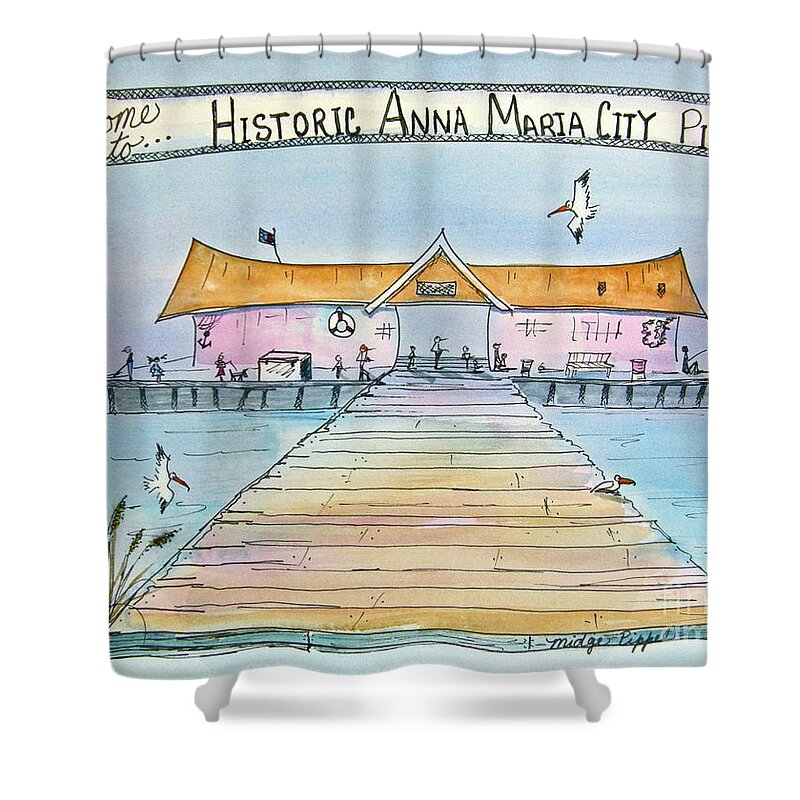 Anna Maria Island Shower Curtain featuring the painting Anna Maria City Pier by Midge Pippel