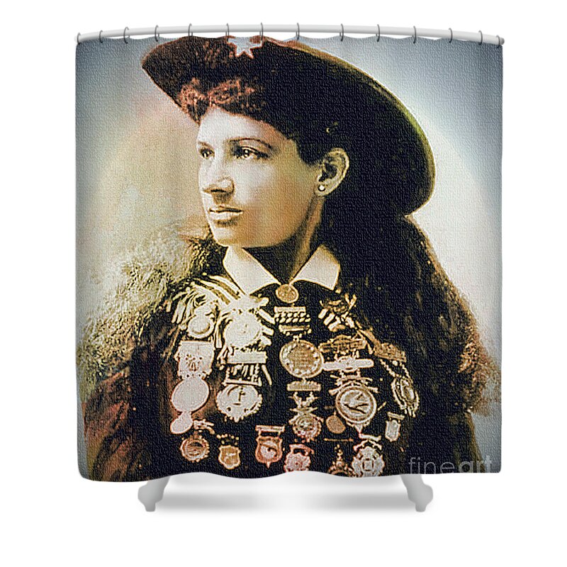 Annie Oakley Shower Curtain featuring the painting Annie Oakley - Shooting Legend by Ian Gledhill