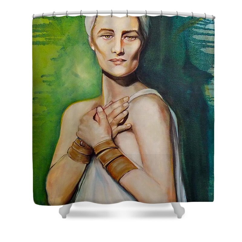 Virgin Mary Shower Curtain featuring the painting Annunciation by Irena Mohr