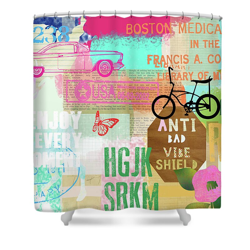 Anti Bad Vibe Shield Shower Curtain featuring the mixed media Anti Bad Vibe Shield by Claudia Schoen
