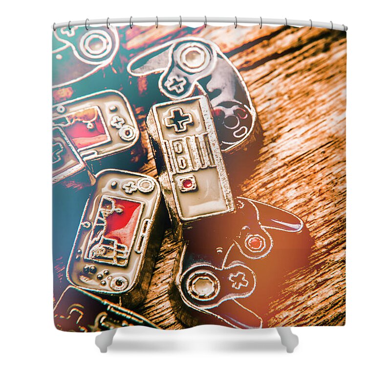 Gaming Shower Curtain featuring the photograph Antique gaming consoles by Jorgo Photography