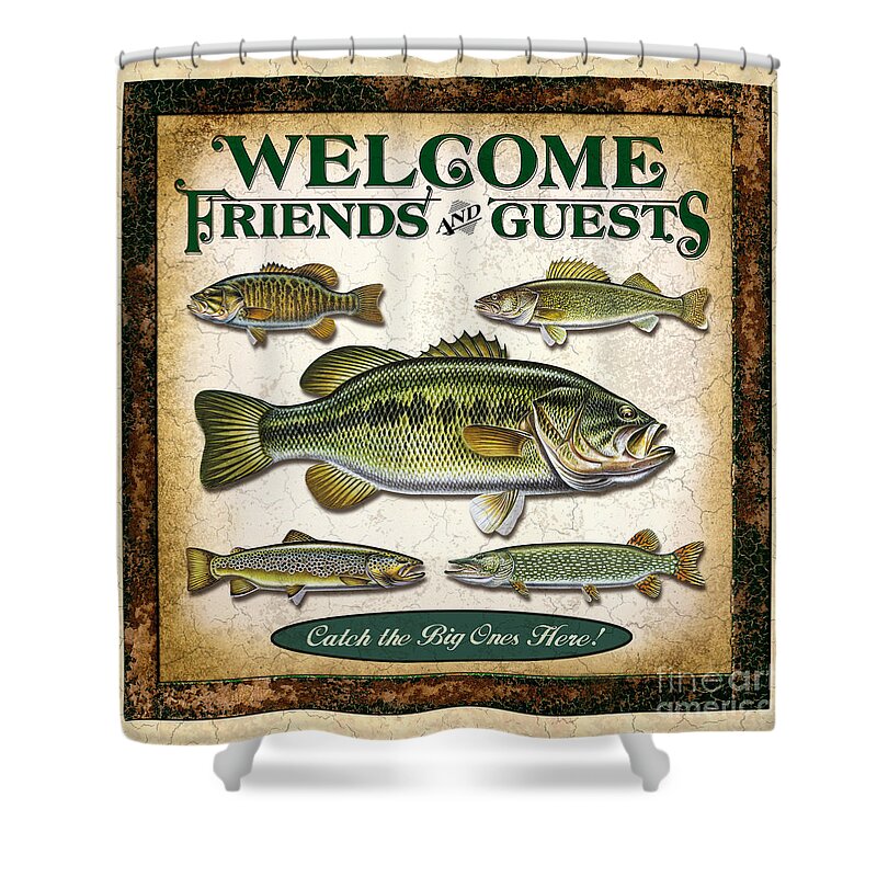 Jon Q Wright Shower Curtain featuring the painting Antique Lure Fish Panel three by JQ Licensing