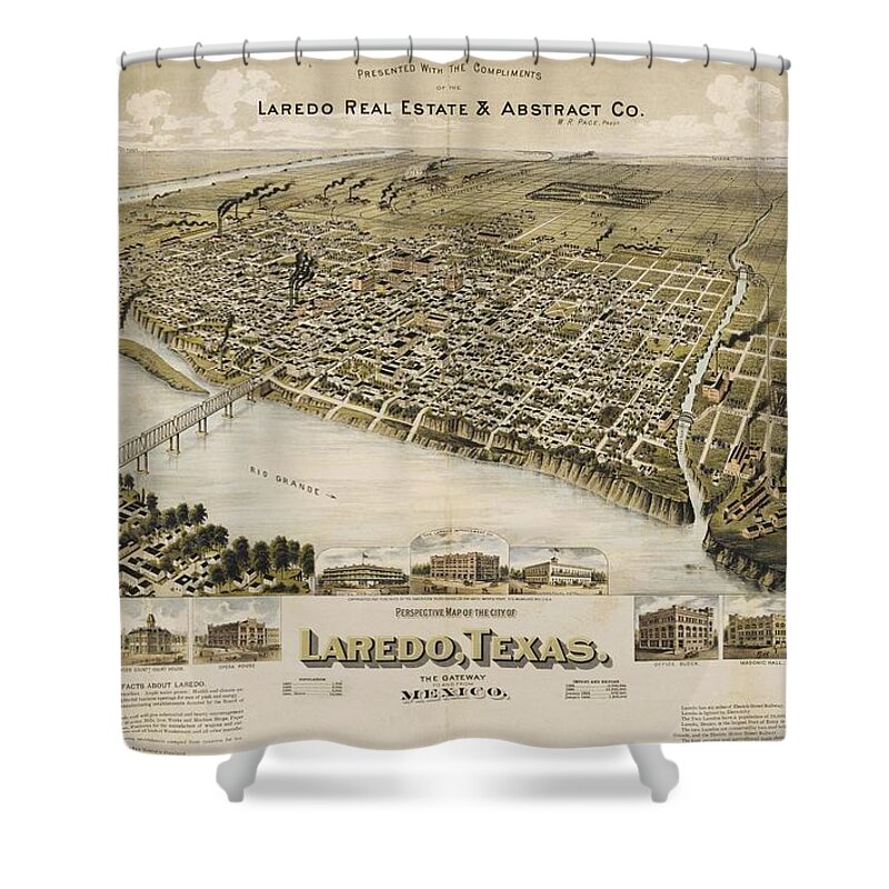 Antique Birds Eye View Map Of Laredo Shower Curtain featuring the drawing Antique Maps - Old Cartographic maps - Antique Birds Eye View Map of Laredo, Texas, Mexico, 1892 by Studio Grafiikka